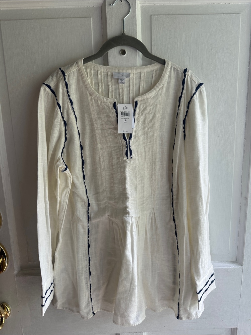 J. Jill Cream Tunic Top with Navy Embroidered Trim